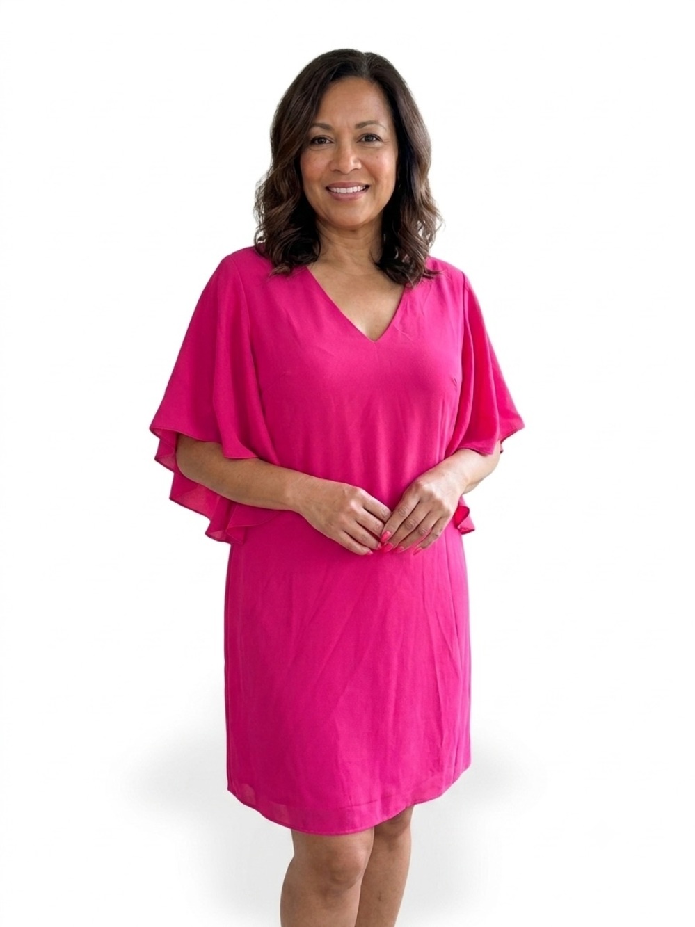 LAUREN Ralph Lauren Hot Pink Ruffle Flutter Sleeve V-Neck Dress Size 14